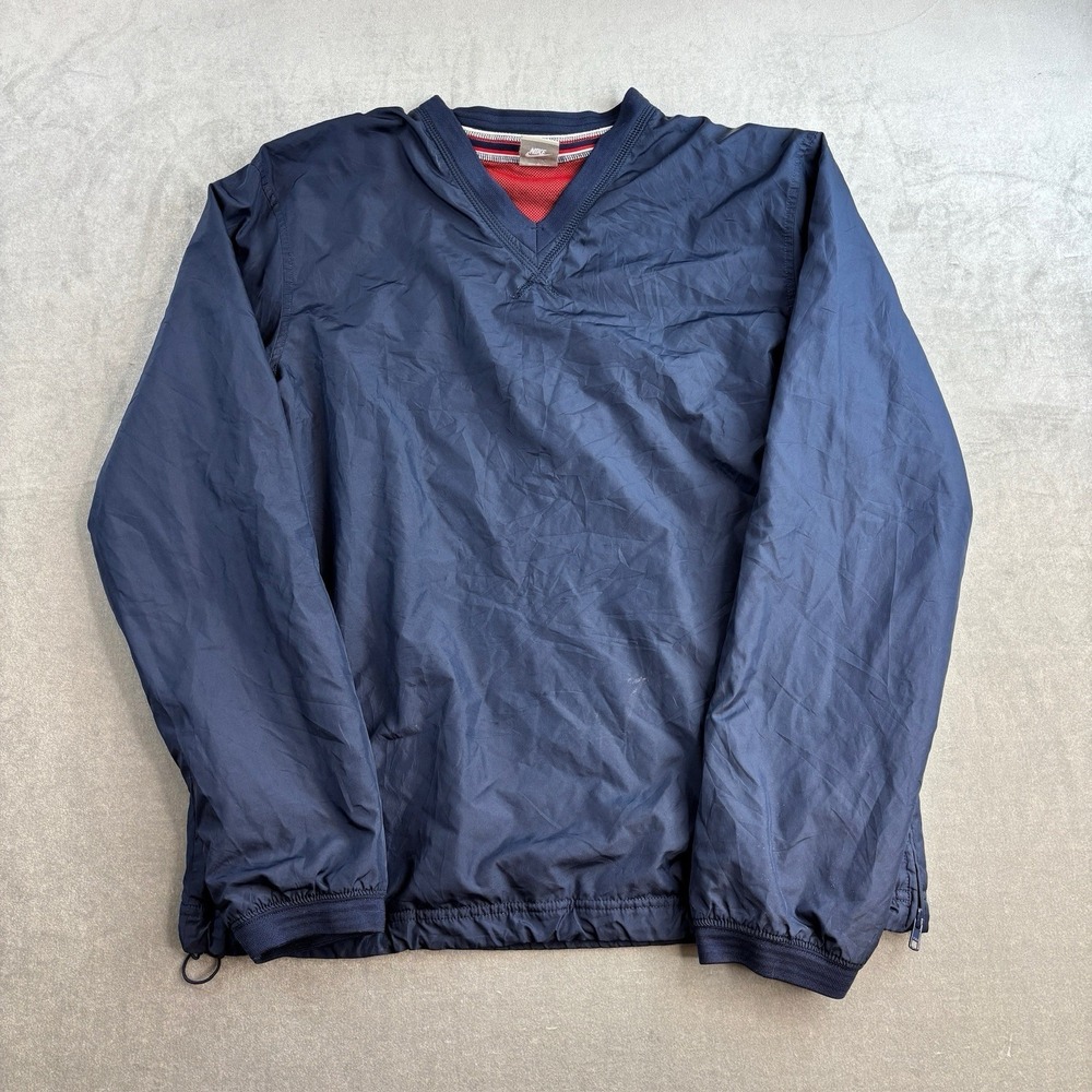 VTG 90s Nike Pullover Windbreaker Large Navy Blue V Neck Unlined Pocket